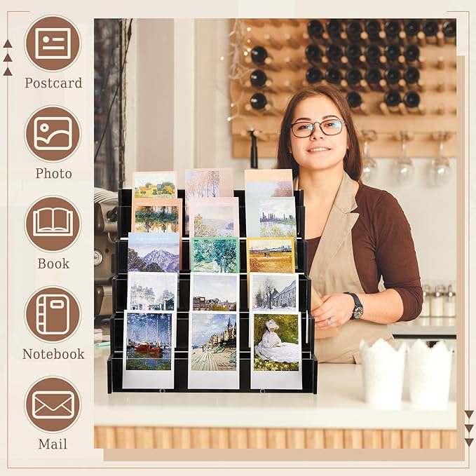 5 Tier Greeting Card Display Stand Black Bamboo and Acrylic Sticker Display Stand Trading Card Holder Retail Photos Shelf for Vendors Craft Collection & Show