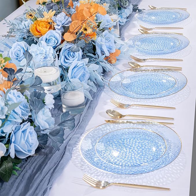 Rubtlamp 100 Pcs Blue And Gold Plastic Plates - 10 inch Clear Blue Gold Dinner Plates - Hammer Pattern Design - Fancy Disposable Plates - Heavy-Duty Party Plate for All Occasions