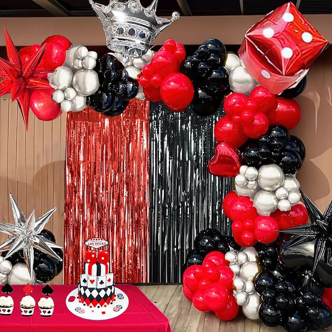 BEISHIDA 4 Pcs Red and Black Door Streamers Foil Curtain Red and Black Party Decoration Backdrop for Casino Theme Scream Halloween Supplies Graduation Birthday Party Decorations (3.28 ft x 6.56 ft)