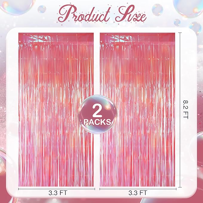 2 Pack Pink & Green Party Streamers Backdrop Curtains, 3.3x8.2ft Holographic Tinsel Foil Curtain Photo Booth Props for Birthday, Wedding, Holiday Celebration, Bachelorette, Theme Decorations
