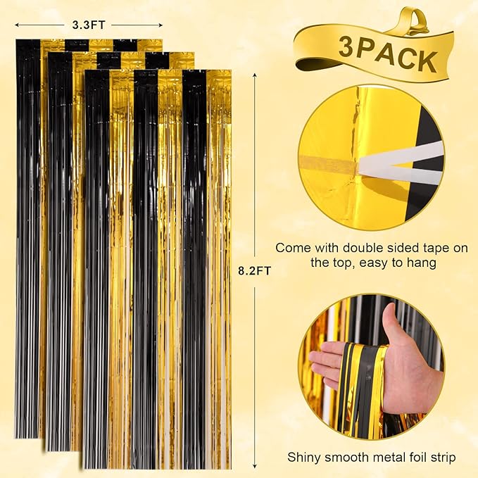 3 Pack 3.3x8.2 Feet Black and Gold Foil Fringe Backdrop Curtains, Tinsel Streamers Birthday Party Decorations, Fringe Backdrop for Graduation, Baby Shower, Gender Reveal, Disco Party