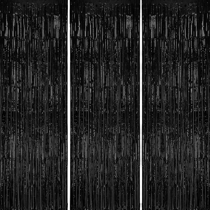 3 Pack Foil Fringe Backdrop - Black Shiny Tinsel Curtains for Party Decoration/Photo Booth Props - 3.3x8.2 FT Metallic Foil Backdrop for Birthday, Wedding, Graduation, Christmas.