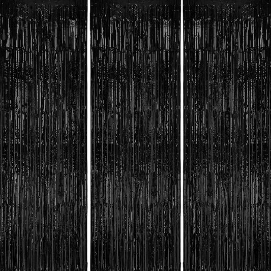 3 Pack Foil Fringe Backdrop - Black Shiny Tinsel Curtains for Party Decoration/Photo Booth Props - 3.3x8.2 FT Metallic Foil Backdrop for Birthday, Wedding, Graduation, Christmas.