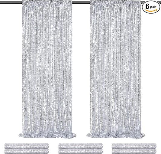 Silver Sequin Backdrop Curtains Drapes 6 Pieces 2ftx8ft Sparkly Christmas Background for Brithday Wedding Fabric Decoration