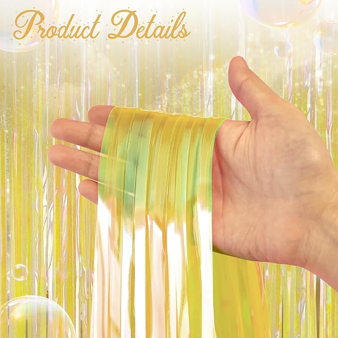 2 Pack Yellow Iridescent Streamers Backdrop, 3.3x6.6ft Foil Fringe Curtains Gold Holographic Door Tinsel Streamers for Birthday, Wedding, Holiday, Bachelorette, Theme Party Decorations