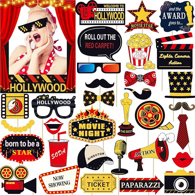 34pcs Hollywood Themed Movie Night Party Photo Booth Props, Hollywood Selfie Frame with Party Photo Props, Red Carpet Cutouts Cards Table Toppers Theme Decor Movie Night Party Supplies