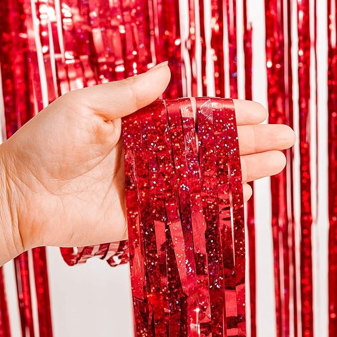 Foil Fringe Curtain Party Decorations - Black Red Metallic Tinsel Backdrop Party Steamers Curtains for Birthdays Halloweens Christmas Theme Prom Holidays Parties Decorations
