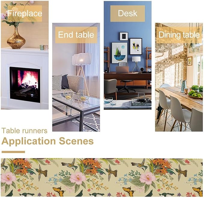 Brown Bird Floral Table Runner Spring Flower Kitchen Table Decoration Suitable for Family Dinner Decoration 13x60 Inch