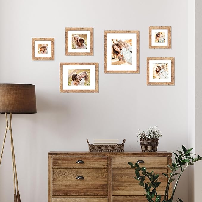 6x6 Picture Frame Set of 4 with Real Glass, Rustic Brown Frames Display 4x4 Picture with Mat or 6 x 6 Without Mat, Square Wood Photo Frame for Wall Mount and Tabletop Display