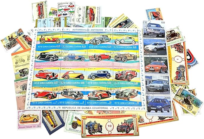 IMPACTO COLECCIONABLES – 100 Car-Themed Stamps Collection with Included Album (5.5 x 7 x 0.4 in) | Enhance your philatelic collection with authentic postmarked stamps in a compact and elegant album