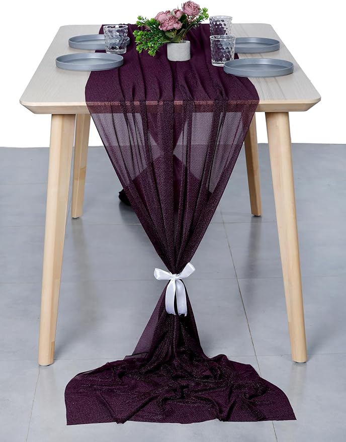 MDS Halloween Chiffon Table Runner - 15 Pack, 29 x 120 Inches, 10ft Each - Sheer Spooky Table Runners for Haunted House Parties, Trick-or-Treat Tables, Witchy Décor, Wedding & Events - Eggplant