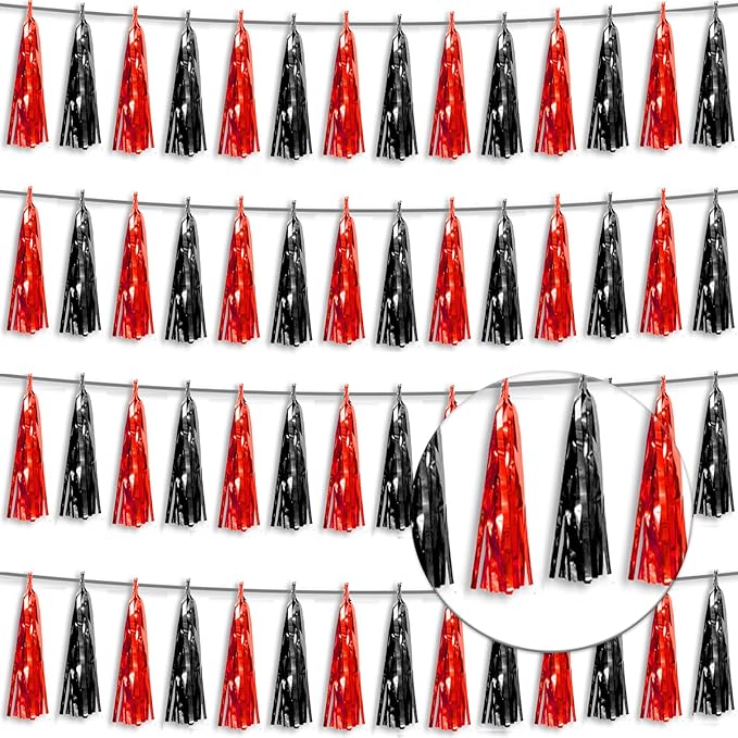 4P Black red Foil Fringe Tassel Banner Garland Metallic Tinsel Streamers Wall Hanging Curtain Backdrop Banner for Parade Floats, 2024 Graduation Decorations, Father's Day Party Decoration