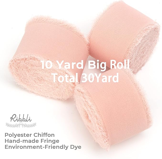 Ribbli Blush Pink Chiffon Ribbon - 1-1/2 inch x 30 Yard Handmade Fringe, Perfect for Wedding Invitations, Bridal Bouquets & Flower Arrangements