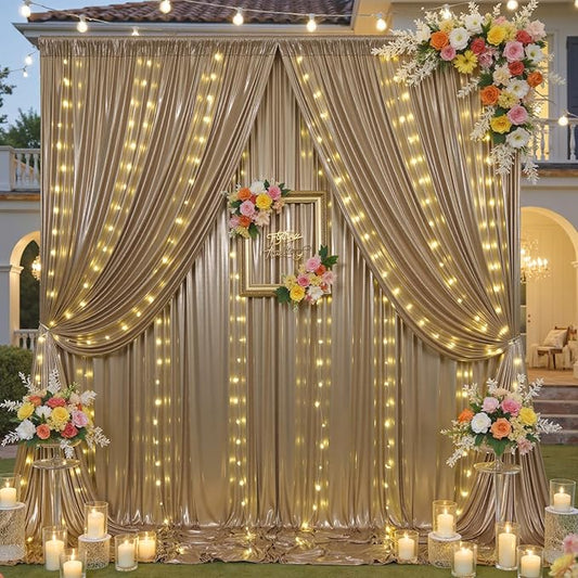 30x10 ft Champagne Sequin Backdrop Curtain with Lights for Parties, Wrinkle Free Glitter Photo Backdrop Drapes Shimmer Back Drop Cloth with Light Strings for Wedding Birthday Photography Background
