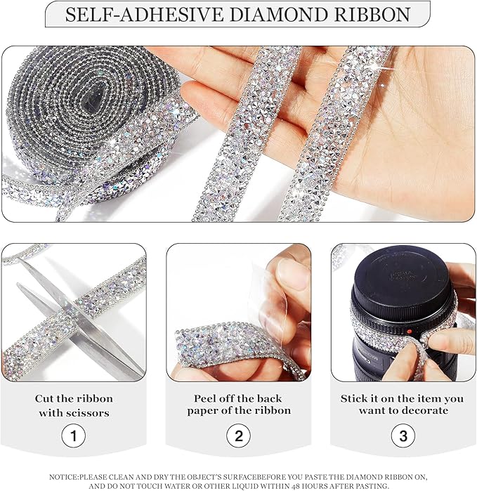 Rhinestone Ribbon 6 Yards Self Adhesive Rhinestone Strips Diamond Ribbon Sticker Crystal Roll Glitter Bling Rhinestones Tape for Crafting DIY Art Decoration (Silver AB,0.4 Inch)