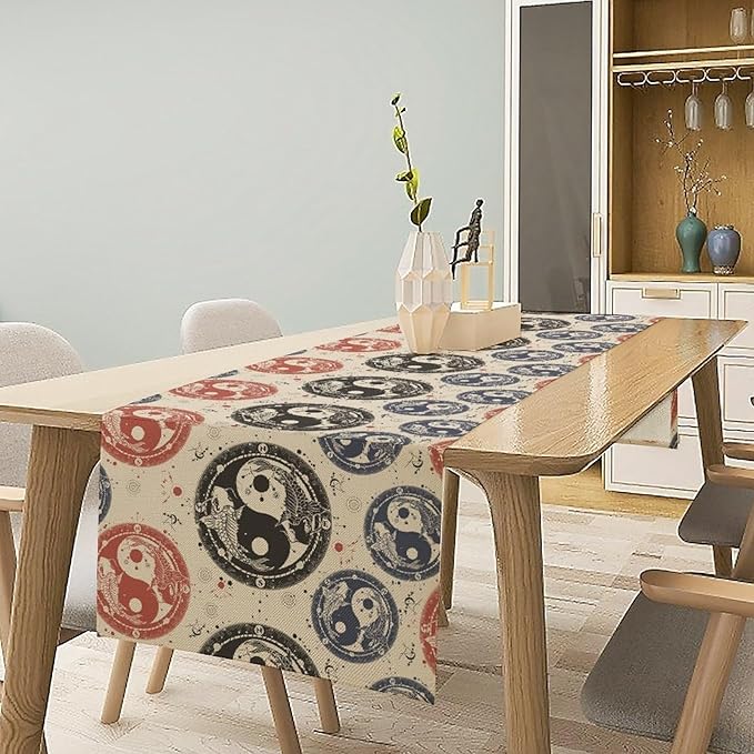 Yin Yang Table Runner, Vintage Mid Century Traditional Oriental Koi Fish Mystical Celestial Moon Stars Print Table Runner for Kitchen Dining Table Party Decor, 13x36inch