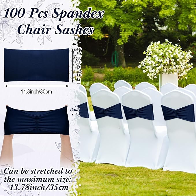 Moukeren 100 Pcs Spandex Chair Sashes Bows Bands Slider Sashes for Chair Covers Elastic Bands Ties Ribbon Decorations for Wedding Party Events Ceremony Birthday Banquet(Navy Blue)