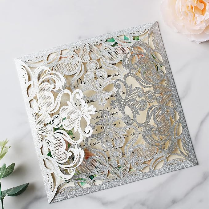 Hosmsua 50PCS Personalized Silver Glitter Laser Cut Wedding Invitation Cards With Envelopes 6.3 x 6.3 Inch Hollow Lace Rose Pocket and for Quinceanera Wedding Invite (Silver Glitter)