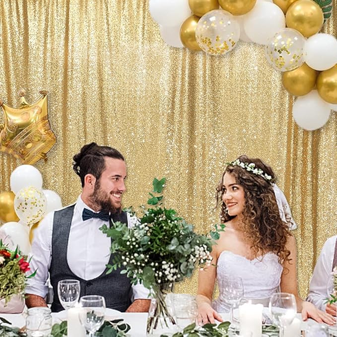 PartyDelight Sparkly Gold 8FT X 8FT Sparkly Sequin Backdrop Curtains for Wedding Party Room Decorations