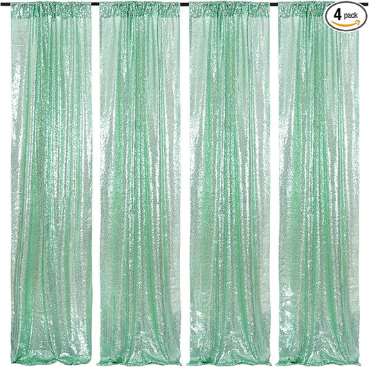 Poise3EHome Mint Green Sequin Backdrop Curtain,4 Panels 2FTx8FT Glitter Background for Party Birthday Party Baby Shower Wedding Christmas Thanksgiving Halloween Holiday Festival Decor