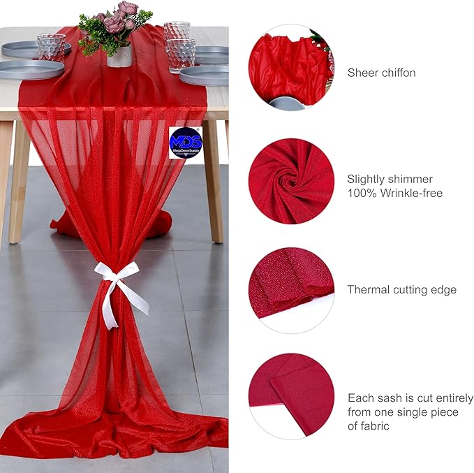 MDS 2 Pack 10ft Chiffon Table Runner 29 x 120 Inches Sheer Wedding Runner Romantic Rustic Table Runner for Wedding Decorations, Birthday Parties, Bridal Shower Party Arch Decor - Red