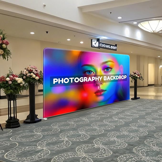 Custom Stand Backdrop with Aluminum Stand, 7.5x16.4ft Commercial Tension Fabric Banner, Single-Sided Printing for Trade Show, Weddings, Party, Business