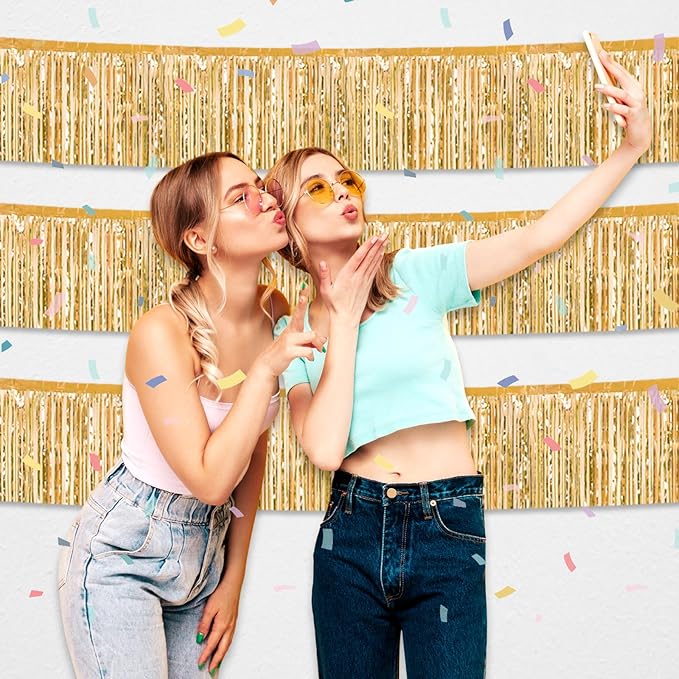 6 Pack 10 Feet Champagne Gold Foil Fringe Garland Metallic Tinsel Streamers Banner Wall Hanging Curtain Backdrop for Parade Floats, Birthday, Graduate, Mother's Day, Wedding Party Decoration