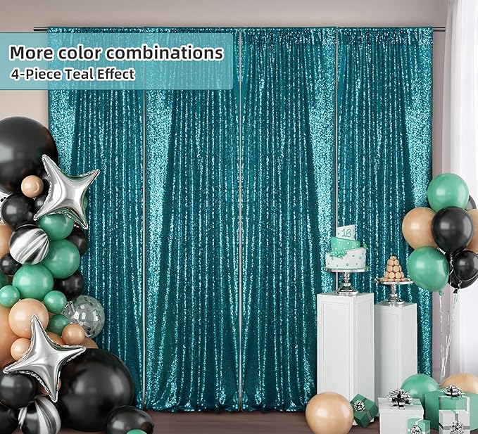 Juya Delight 2ft x 8ft x 2Pcs Teal Sequin Photography Backdrop Curtain for Wedding Party Decoration Festival Ceremony