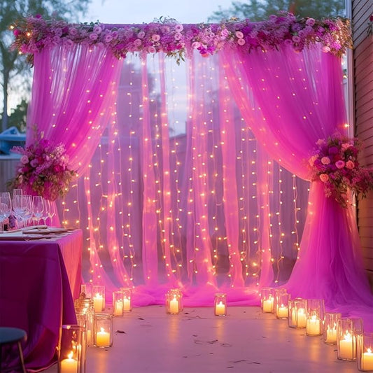 20×10ft Hot Pink Tulle Backdrop Curtain with Lights String for Parties, Sheer Photo Backdrop Curtains for Wedding Party Photography Background
