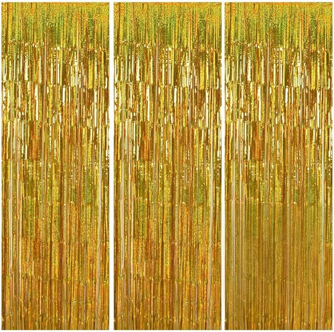 TONIFUL 3Pcs Laser Gold Door Streamers, Metallic Foil Fringe Curtains for Birthday, Christmas, New Year, Bachelorette, Graduation Parties (9.9ft x 6.6ft)
