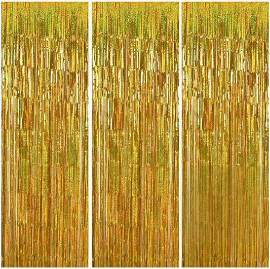 TONIFUL 3Pcs Laser Gold Door Streamers, Metallic Foil Fringe Curtains for Birthday, Christmas, New Year, Bachelorette, Graduation Parties (9.9ft x 6.6ft)