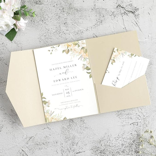 20 PCS Champagne Tri-fold Laser Cut Wedding Invitation Pockets for 5x7 Wedding Cards Bridal Shower Engagement Quinceanera Invitation