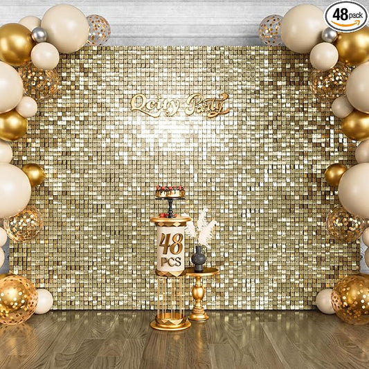 Qcity Light Gold Shimmer Wall Backdrop 48PCS, Black Back Not See-Through Design, Square Sequin Glitter Backdrop Panel, Perfect for Outdoor Events, Birthdays, Wedding and Party Decoration