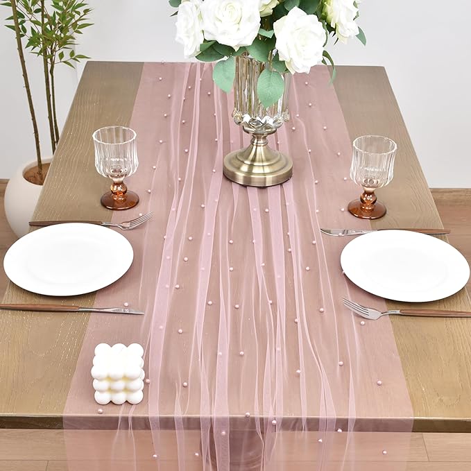 Joanlody Fall Pearl Table Runner 10ft Rustic Boho Tulle Table Runner with Pearls for Baby Shower Wedding Party Veil Dessert Thanksgiving Table Decor Dusty Rose 4pcs