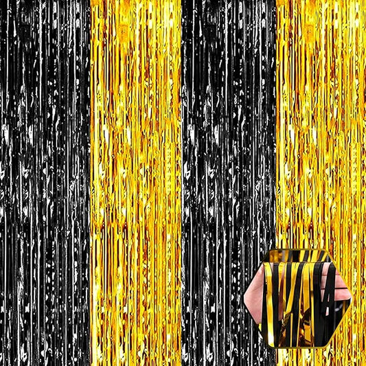 6 Pack Black Gold Foil Fringe Curtain Backdrop, 3.28Ft x 8.2Ft Metallic Tinsel Foil Fringe Streamer Curtains for Photo Booth, Birthday, Wedding, New Year Party Decorations