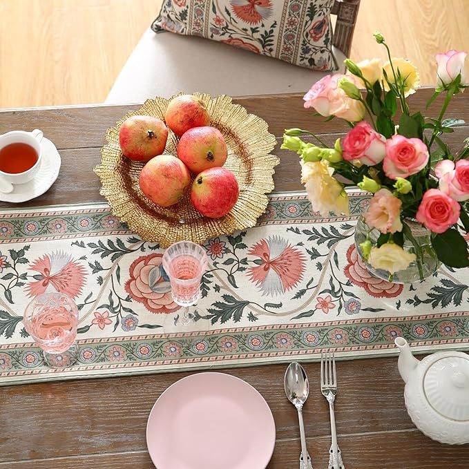 ISAENNE Designer Vintage Linen Extra Long Table Runner 118 Inches,Elegant Floral Pattern Wrinkle Resistant Table Runners for Dining Tables,Thanksgiving,Kitchen Tables,Christmas,12"*118"-Daffy B