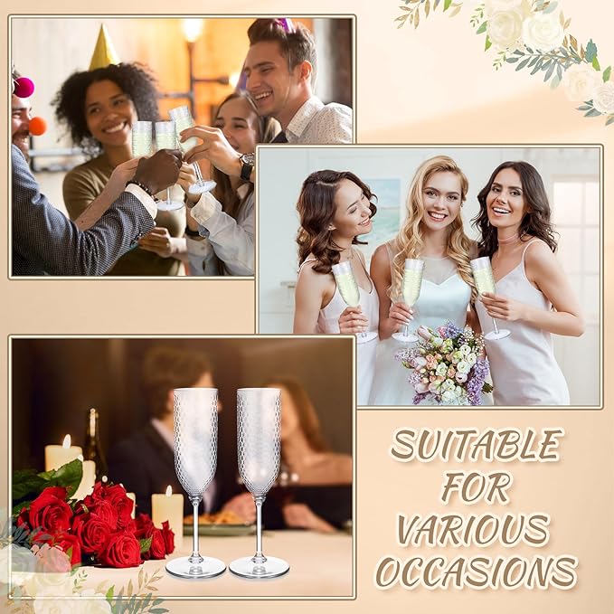 Remerry 24 Pack Detachable Plastic Champagne Flutes 5.5 oz Champagne Glasses Bulk Disposable Mimosa Glasses Reusable Wine Cups for Wedding Toasting Baby Shower Birthday Party New Years (Clear)