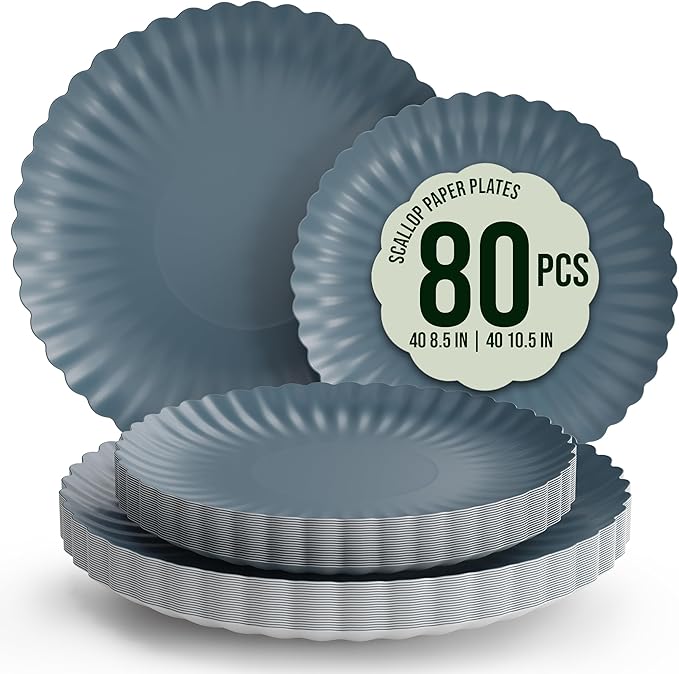 Trendables Scalloped Paper Plates 8.5 Inch & 10.5 Inch 80 Pcs Dinner Plate Set Fancy Disposable Plates for Party for 40 Guests 40 X 8 & 40 X 10 Large & Small Paper Plate Set for Parties Slate Blue