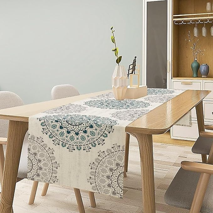 Boho Flower Table Runner, Bohemian Turquoise Mandala White Teal Floral Kitchen Dining Table Runners for Indoor Outdoor Home Party Holiday Decor, 13x70inch