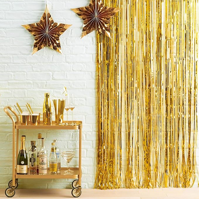 PartyWoo XtraLarge Foil Curtain Gold, 2 pcs 3.3x6.6 ft Tinsel Curtains for Birthday Wedding Party Photo Backdrop