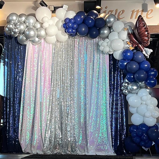 Sequin Backdrop Curtain 4 Panels 2FTx8FT Glitter Background Drapes Silver and Navy Blue Sparkle Photography Backdrop for Party Wedding Birthday Wall Decoration