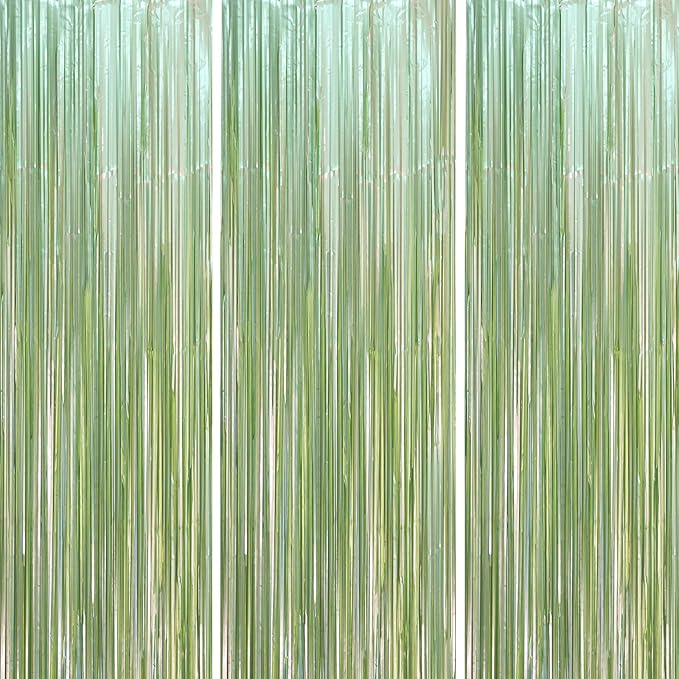 3 Pack 3.3 x 8.2 ft Sage Green Foil Fringe Backdrop Curtains, Tinsel Streamers Party Decorations, Door Shimmer for Baby Shower, Birthday, Martini Party Decorations