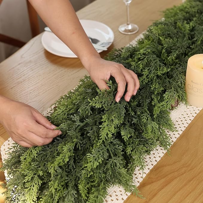 Christmas Cedar Garland - 16ft Artificial Cedar Garland Faux Lush Green Fake Pine Needles for Fireplace,Table,Window,Stairs,Mante,Holiday Indoor Outdoor Xmas Decor(1PCS)