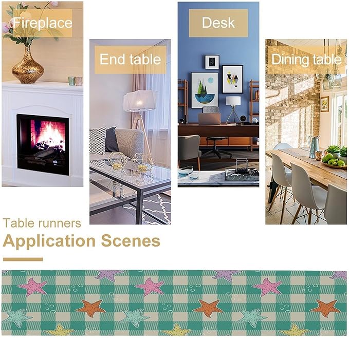 Starfish Plaid Table Flag Green Plaid and Marine Life Starfish Kitchen Table Flag Suitable for Birthday Party Restaurant Decoration Outdoor Picnic 13 * 60 Inch