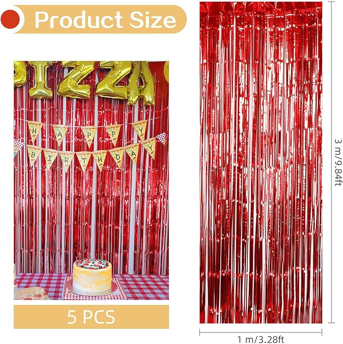 5 Pack Red Foil Curtain Backdrop 3.2ft x 9.8ft Metallic Tinsel Foil Fringe Curtains Streamer Photo Booth Backdrop for Birthday Party Engagement Bachelorette Party Decorations (Red)