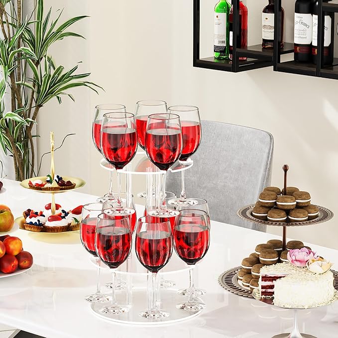 Champagne Tower, Circle Acrylic Champagne Display Rack Stand with 12 Slots, 2 Tiers Floating Sight Champagne Flute Holder for Party, Wedding, School, Celebration, 11.8x11.8x15.4 inch, 2 Pcs