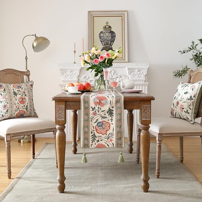 ISAENNE Designer Vintage Linen Extra Long Table Runner 118 Inches,Elegant Floral Pattern Wrinkle Resistant Table Runners for Dining Tables,Thanksgiving,Kitchen Tables,Christmas,12"*118"-Daffy B