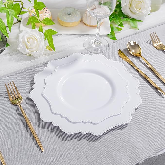 COLOSUS 100pcs 9.5 Inch-White Plastic Dinner Plates, Fancy White Plastic Plates,Heavy Duty Disposable Dinner Plates for Party Wedding and Everyday Use