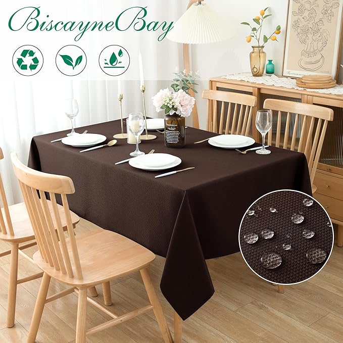Biscaynebay Textured Fabric Tablecloths 90x156 Inches Rectangular, Brown Water Resistant Tablecloths for Dining, Kitchen, Wedding and Parties etc. Machine Washable
