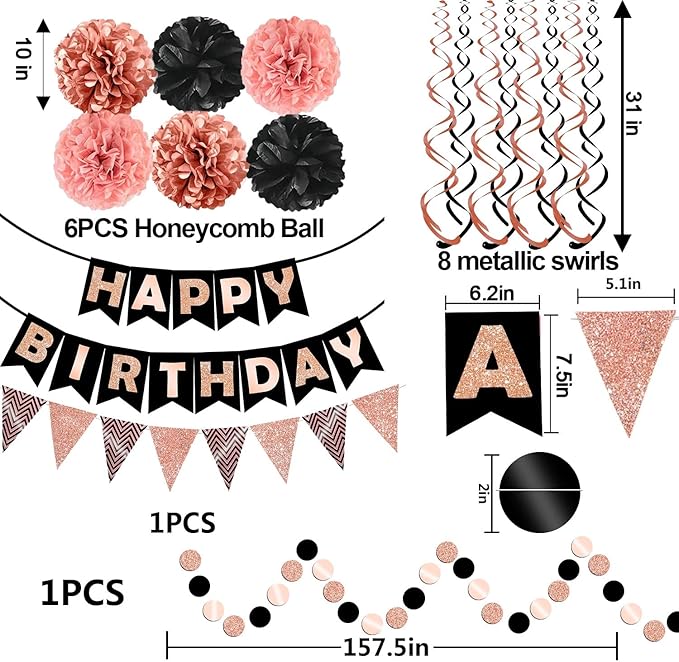 FECEDY Rose Gold Theme Happy Birthday Banner Flag Bunting Paper Circle Confetti Garland Swirl Streamers Honeycomb Ball for Birthday Party Decoration